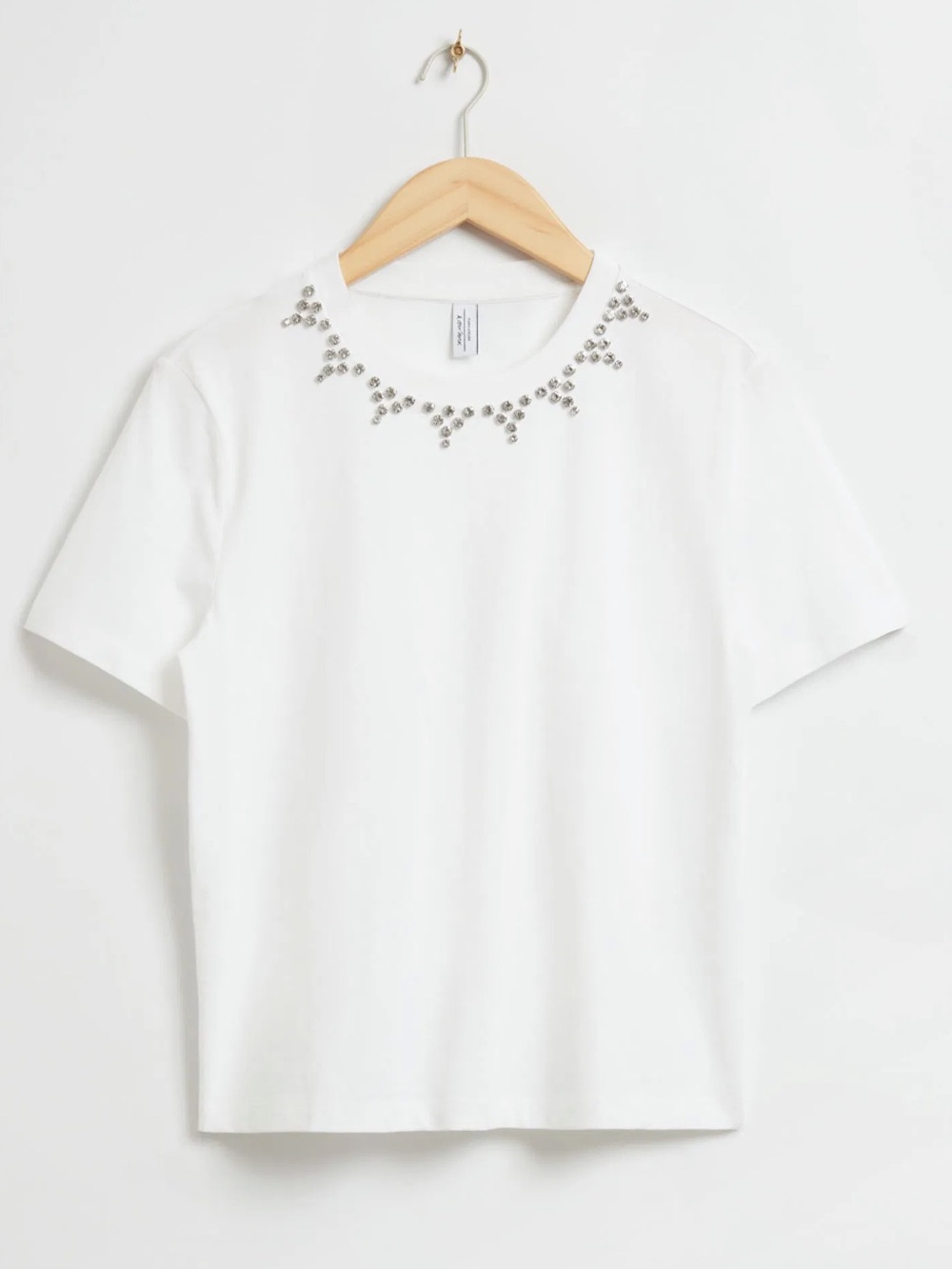 & Other Stories White Short Sleeve Tee with Jewel Embellished Neckline